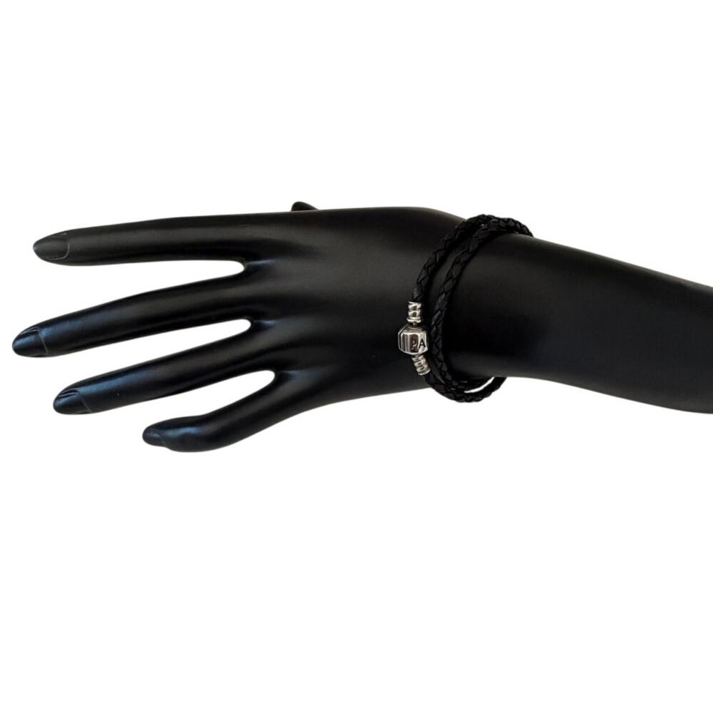Pandora Moments Double Black  Leather and Silver Bracelet, 6"